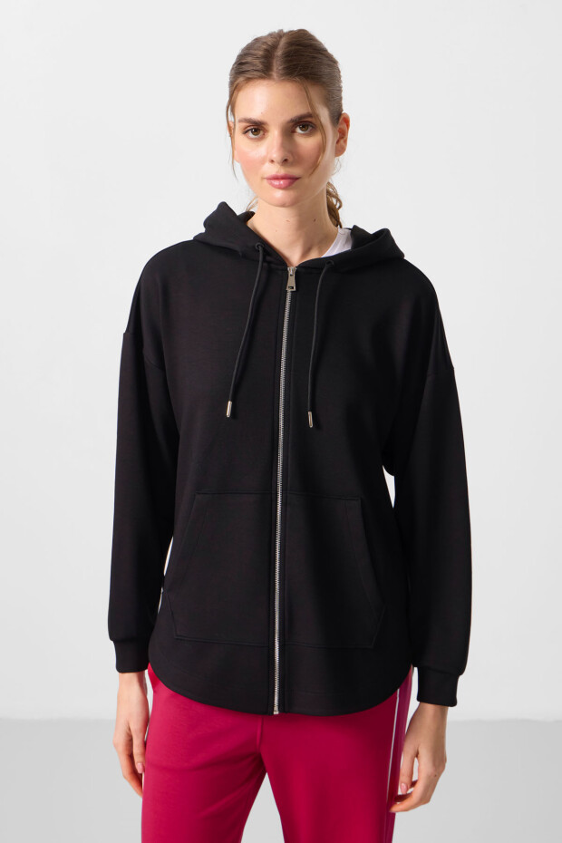 Siyah Yumuşak Dokulu Kapüşonlu Standart Kalıp Kadın Tunik Sweatshirt - 97302 - 4