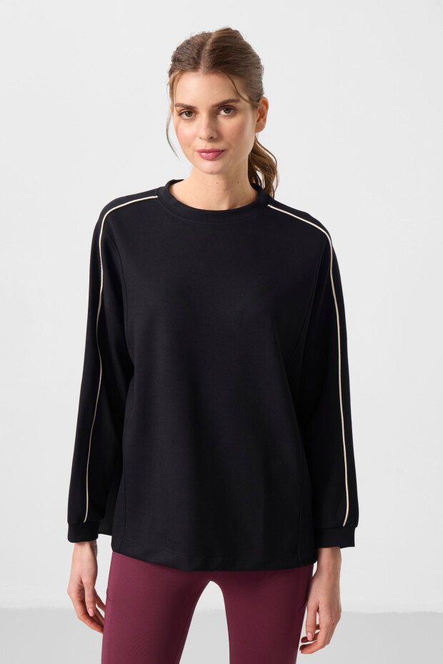 Siyah Yumuşak Dokulu O Yaka Oversize Kadın Tunik Sweatshirt - 97303 - 1