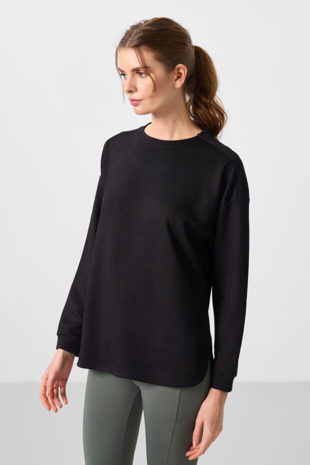Siyah Yumuşak Dokulu O Yaka Rahat Form Kadın Tunik Sweatshirt - 97305 - 4