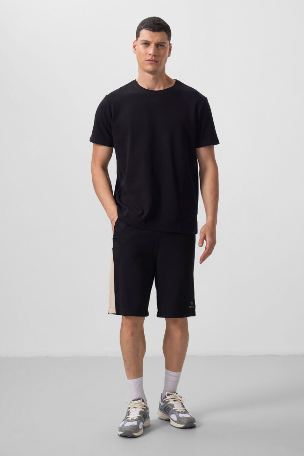 Siyah Yüzeyi Dokulu Rahat Form Basic Erkek T-Shirt - 88436 - 2
