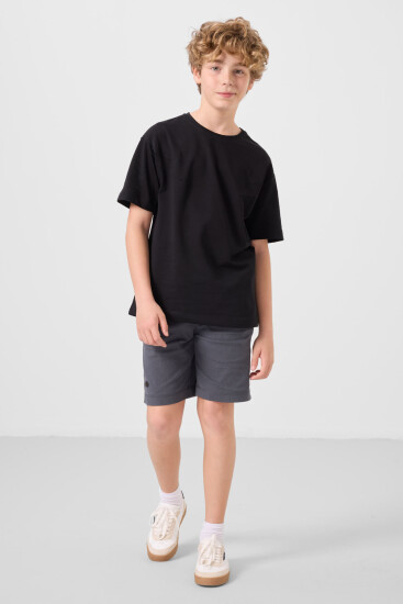 Siyah-Gri Pamuklu Oversize Fit Dokuma Hafif Esnek Chino Erkek Çocuk Şort Takım - 11277 
