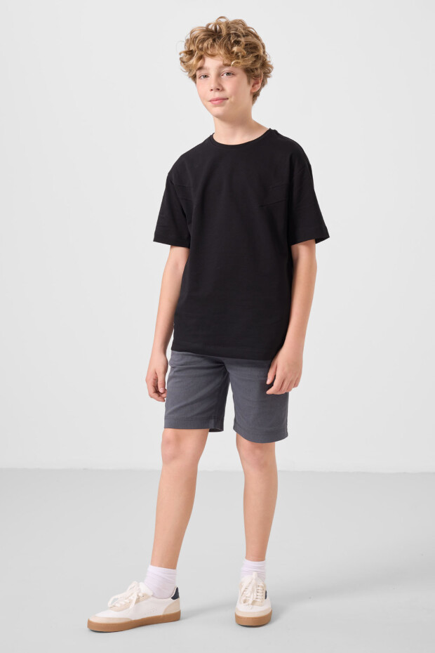 Siyah-Gri Pamuklu Oversize Fit Dokuma Hafif Esnek Chino Erkek Çocuk Şort Takım - 11277 - 3