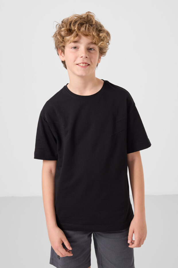 Siyah-Gri Pamuklu Oversize Fit Dokuma Hafif Esnek Chino Erkek Çocuk Şort Takım - 11277 - 5