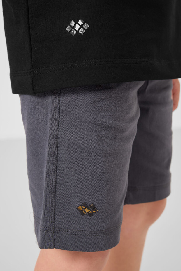 Siyah-Gri Pamuklu Oversize Fit Dokuma Hafif Esnek Chino Erkek Çocuk Şort Takım - 11277 - 6