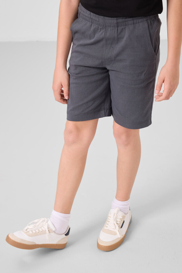 Siyah-Gri Pamuklu Oversize Fit Dokuma Hafif Esnek Chino Erkek Çocuk Şort Takım - 11277 - 4