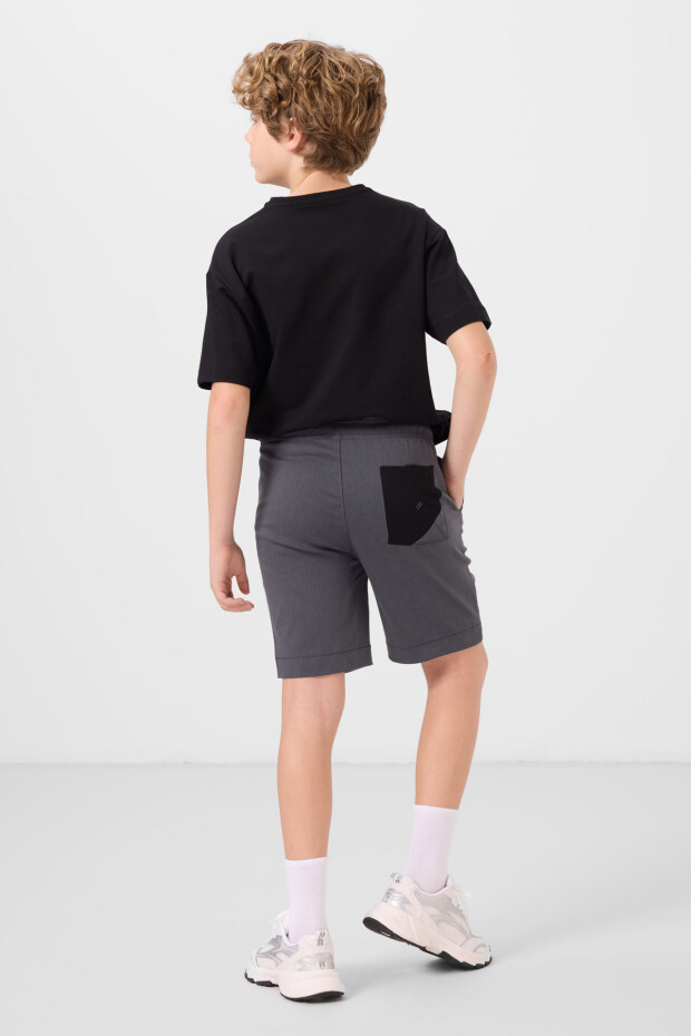 Siyah-Gri Pamuklu Oversize Fit Dokuma Hafif Esnek Chino Erkek Çocuk Şort Takım - 11278 - 7