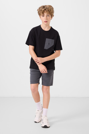 Siyah-Gri Pamuklu Oversize Fit Dokuma Hafif Esnek Chino Erkek Çocuk Şort Takım - 11278 