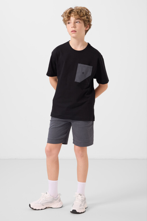Siyah-Gri Pamuklu Oversize Fit Dokuma Hafif Esnek Chino Erkek Çocuk Şort Takım - 11278 - 3