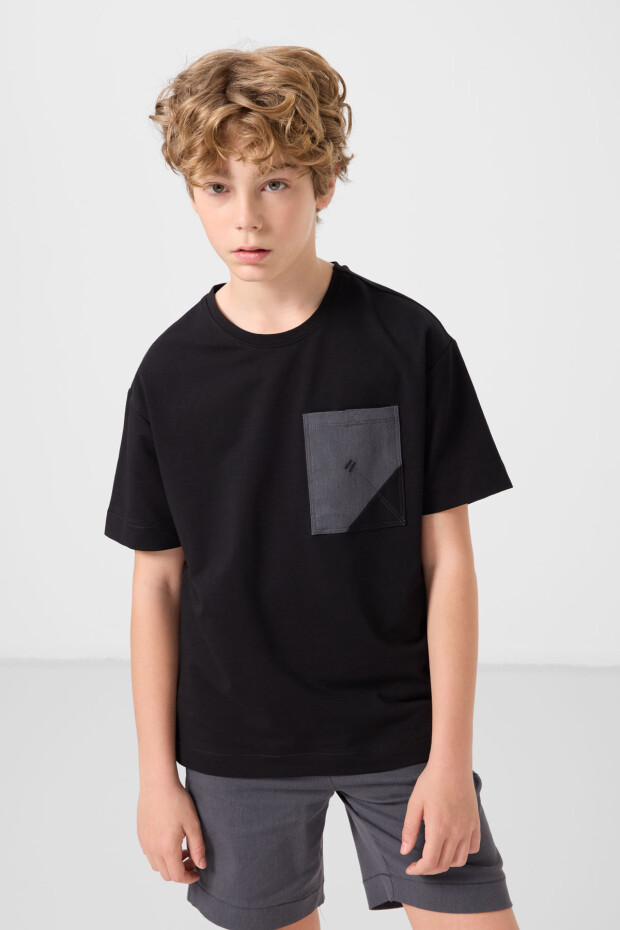 Siyah-Gri Pamuklu Oversize Fit Dokuma Hafif Esnek Chino Erkek Çocuk Şort Takım - 11278 - 4