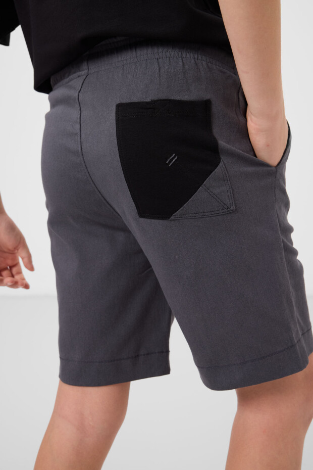 Siyah-Gri Pamuklu Oversize Fit Dokuma Hafif Esnek Chino Erkek Çocuk Şort Takım - 11278 - 6