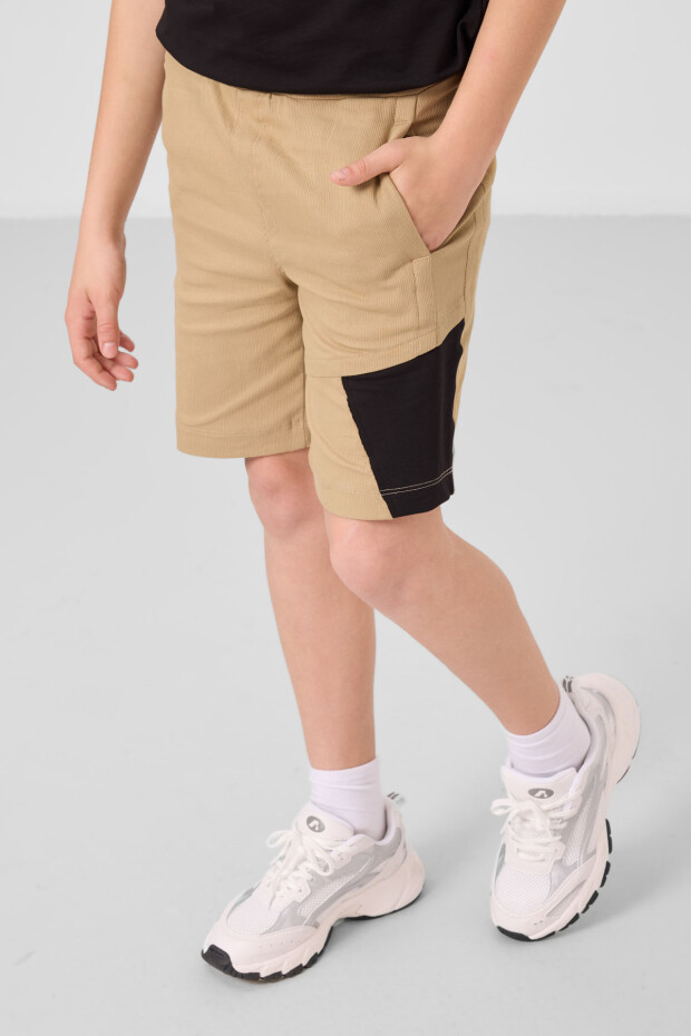 Siyah-Koyu Bej Pamuklu Oversize Fit Dokuma Hafif Esnek Chino Erkek Çocuk Şort Takım - 11275 - 2