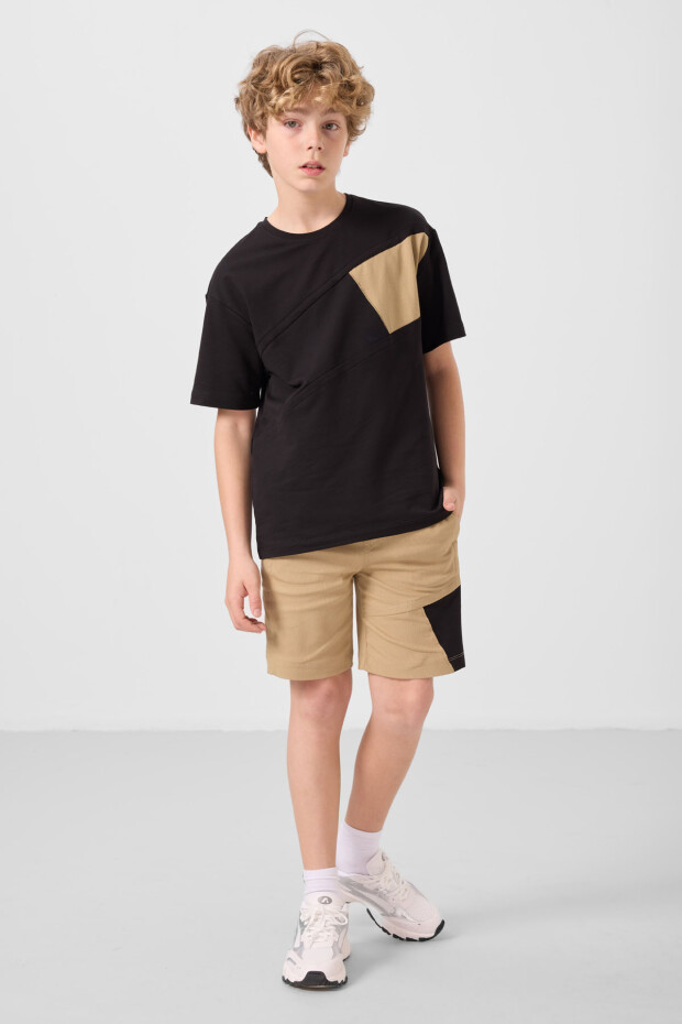Siyah-Koyu Bej Pamuklu Oversize Fit Dokuma Hafif Esnek Chino Erkek Çocuk Şort Takım - 11275 - 3