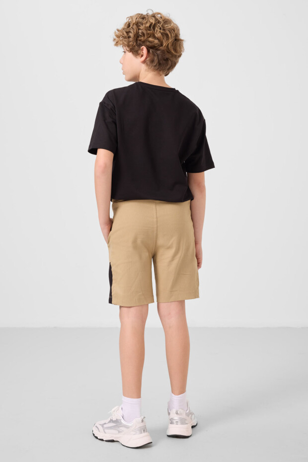 Siyah-Koyu Bej Pamuklu Oversize Fit Dokuma Hafif Esnek Chino Erkek Çocuk Şort Takım - 11275 - 7
