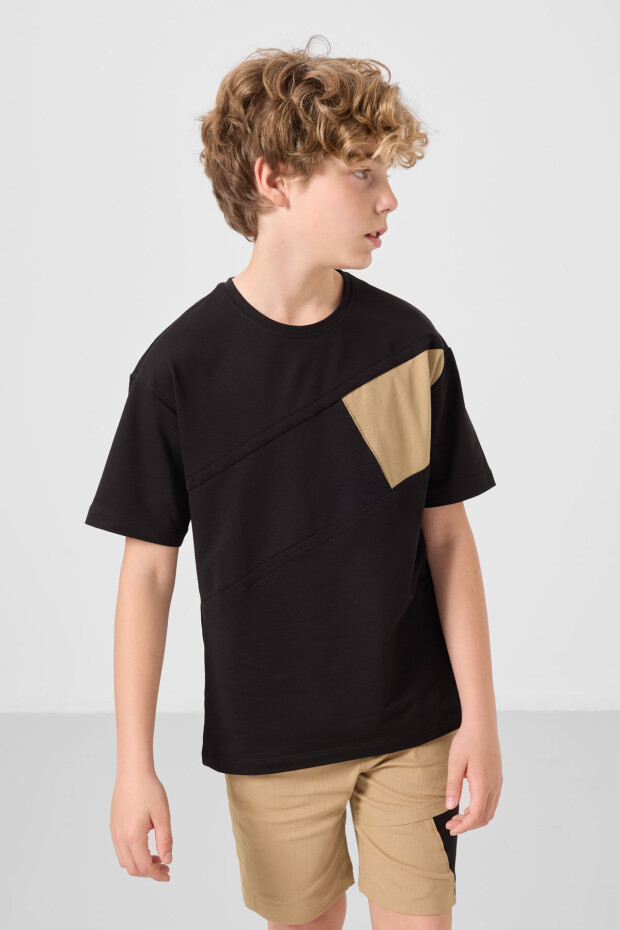 Siyah-Koyu Bej Pamuklu Oversize Fit Dokuma Hafif Esnek Chino Erkek Çocuk Şort Takım - 11275 - 4