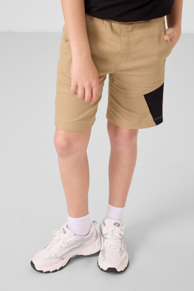 Siyah-Koyu Bej Pamuklu Oversize Fit Dokuma Hafif Esnek Chino Erkek Çocuk Şort Takım - 11275 - 6