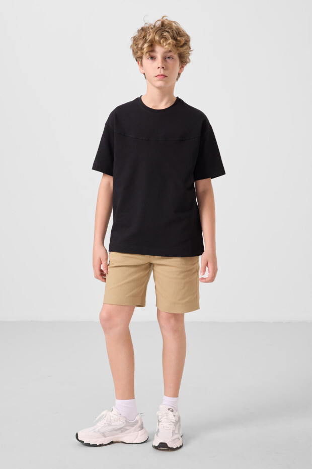 Siyah-Koyu Bej Pamuklu Oversize Fit Dokuma Hafif Esnek Chino Erkek Çocuk Şort Takım - 11279 - 1