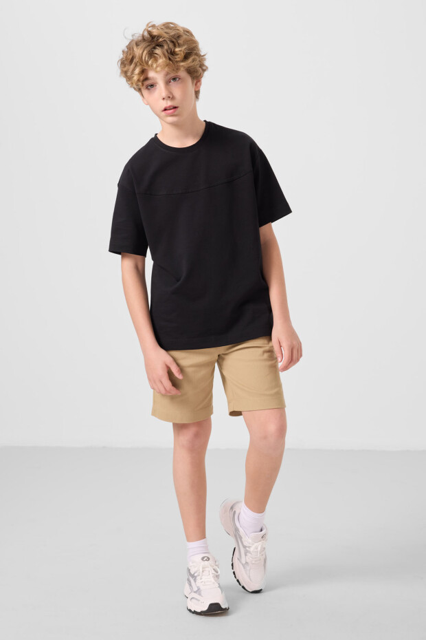 Siyah-Koyu Bej Pamuklu Oversize Fit Dokuma Hafif Esnek Chino Erkek Çocuk Şort Takım - 11279 - 5
