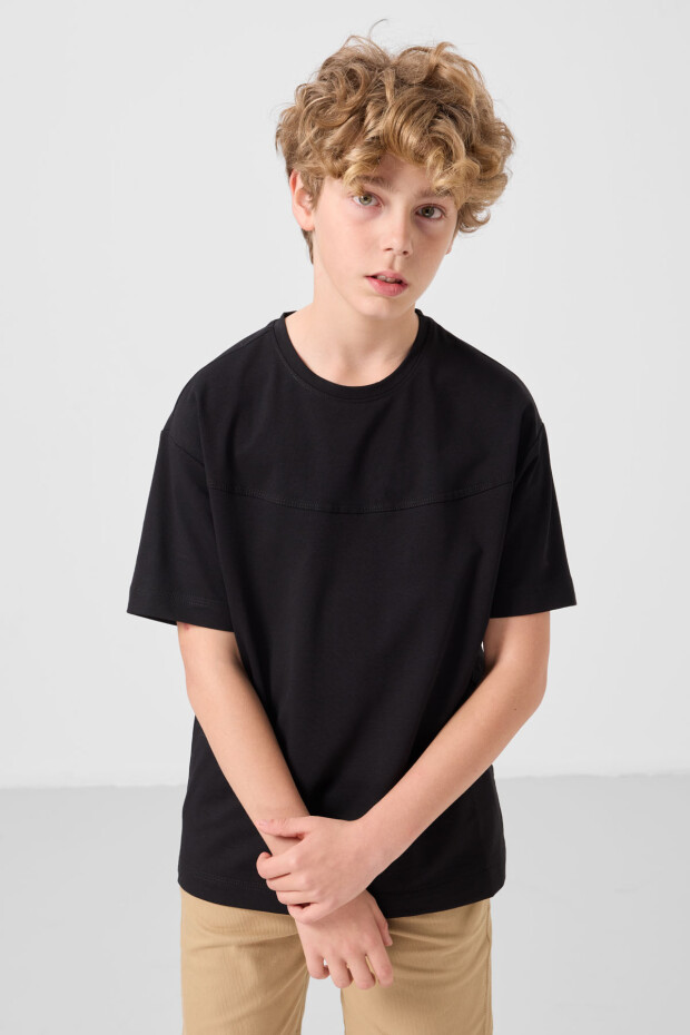 Siyah-Koyu Bej Pamuklu Oversize Fit Dokuma Hafif Esnek Chino Erkek Çocuk Şort Takım - 11279 - 3