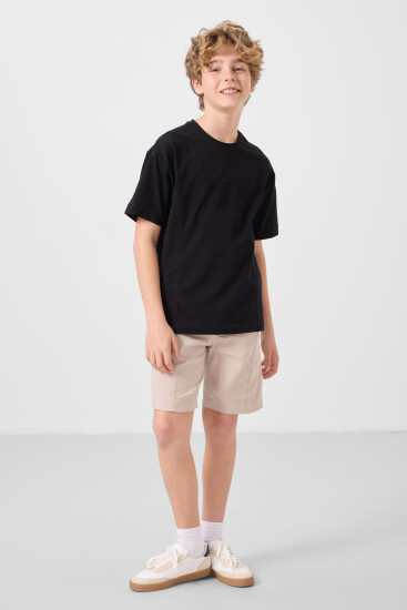 Siyah-Taş Pamuklu Oversize Fit Dokuma Hafif Esnek Chino Erkek Çocuk Şort Takım - 11276 