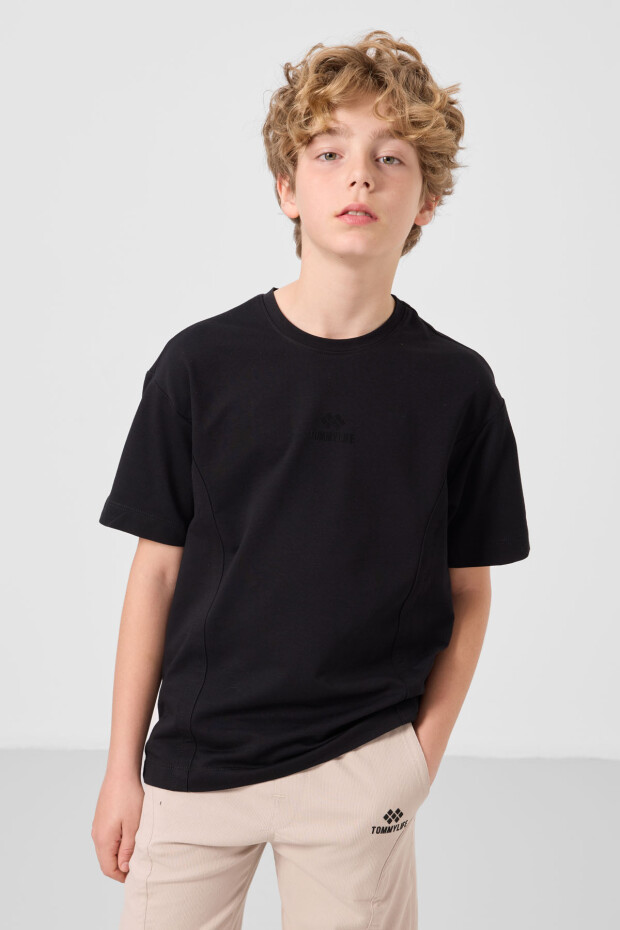 Siyah-Taş Pamuklu Oversize Fit Dokuma Hafif Esnek Chino Erkek Çocuk Şort Takım - 11276 - 5