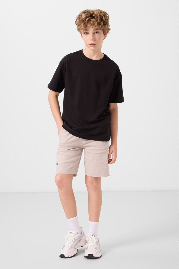 Siyah-Taş Pamuklu Oversize Fit Dokuma Hafif Esnek Chino Erkek Çocuk Şort Takım - 11277 - 1