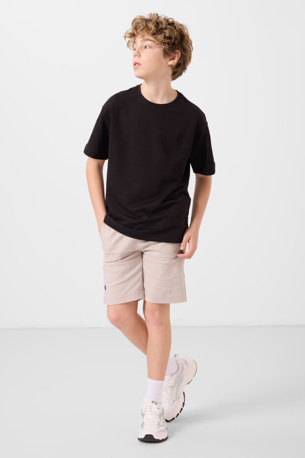 Siyah-Taş Pamuklu Oversize Fit Dokuma Hafif Esnek Chino Erkek Çocuk Şort Takım - 11277 - 3