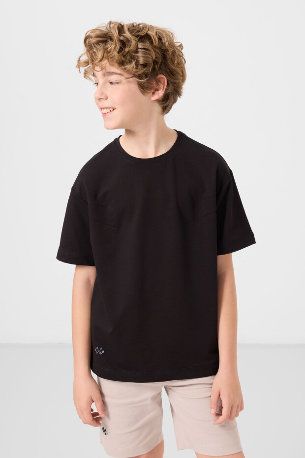 Siyah-Taş Pamuklu Oversize Fit Dokuma Hafif Esnek Chino Erkek Çocuk Şort Takım - 11277 - 5