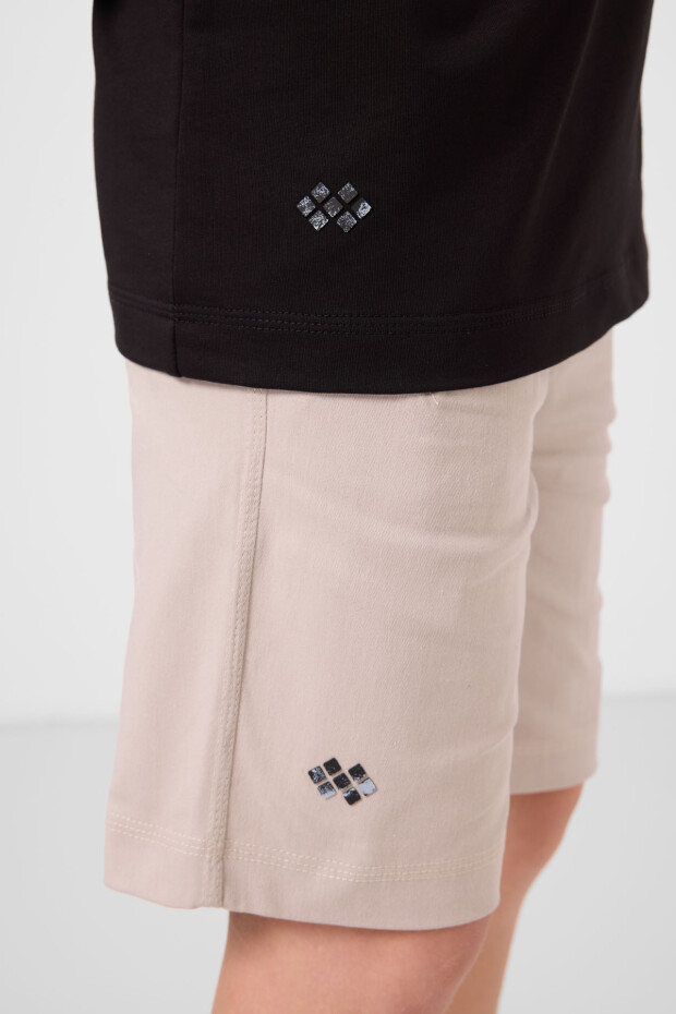 Siyah-Taş Pamuklu Oversize Fit Dokuma Hafif Esnek Chino Erkek Çocuk Şort Takım - 11277 - 6