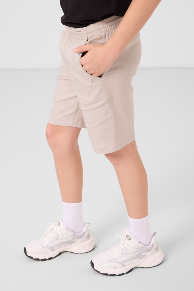 Siyah-Taş Pamuklu Oversize Fit Dokuma Hafif Esnek Chino Erkek Çocuk Şort Takım - 11277 - 4