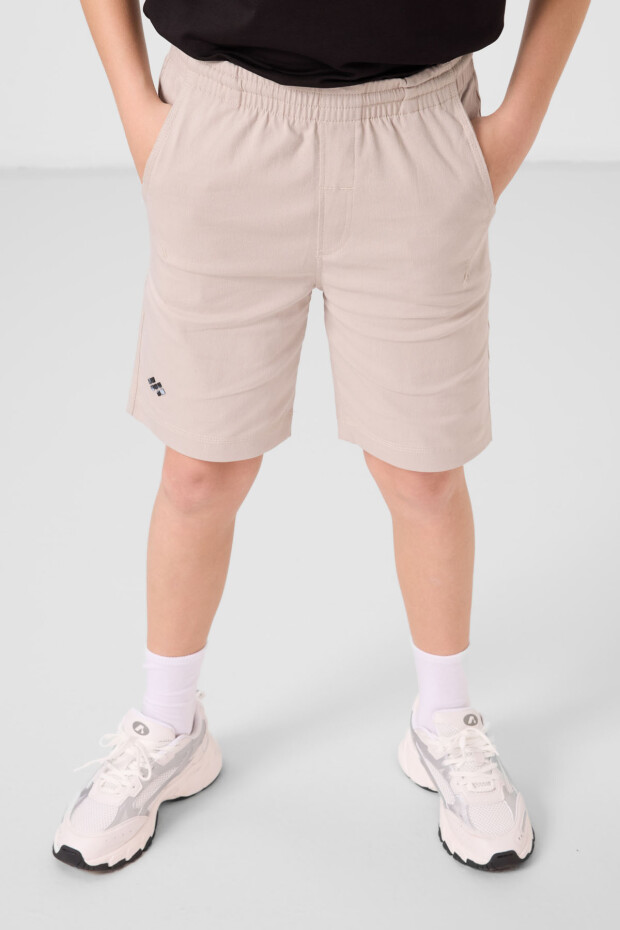 Siyah-Taş Pamuklu Oversize Fit Dokuma Hafif Esnek Chino Erkek Çocuk Şort Takım - 11277 - 2