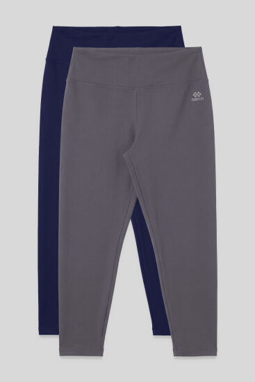 Slim Fit 2'li Paket İndigo-Koyu Gri Büyük Beden Kadın Tayt - 94650 