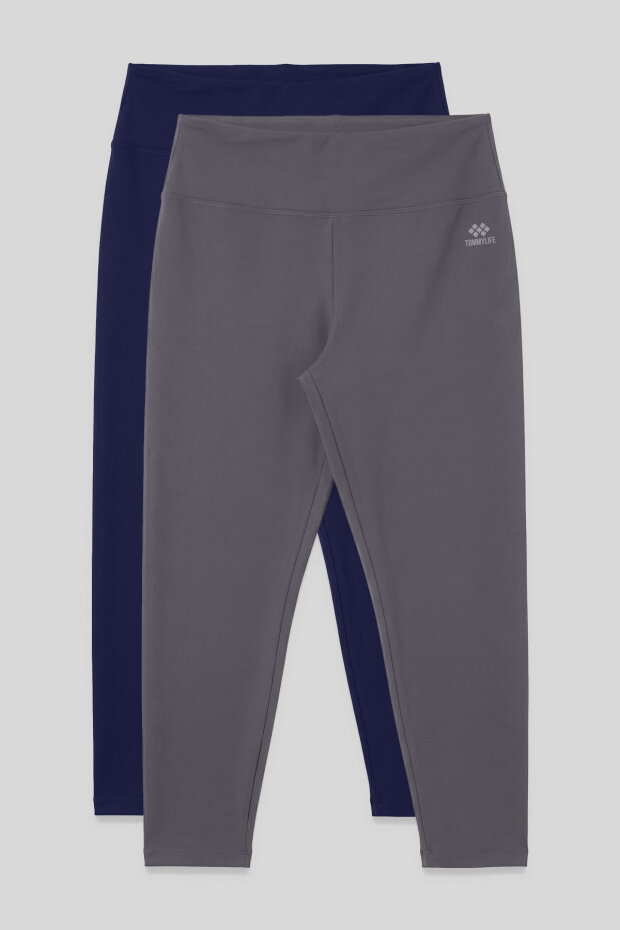Slim Fit 2'li Paket İndigo-Koyu Gri Büyük Beden Kadın Tayt - 94650 - 1
