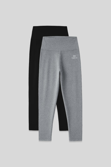 Slim Fit 2'li Paket Siyah-Gri Melanj Kadın Kapri Tayt - 93097 
