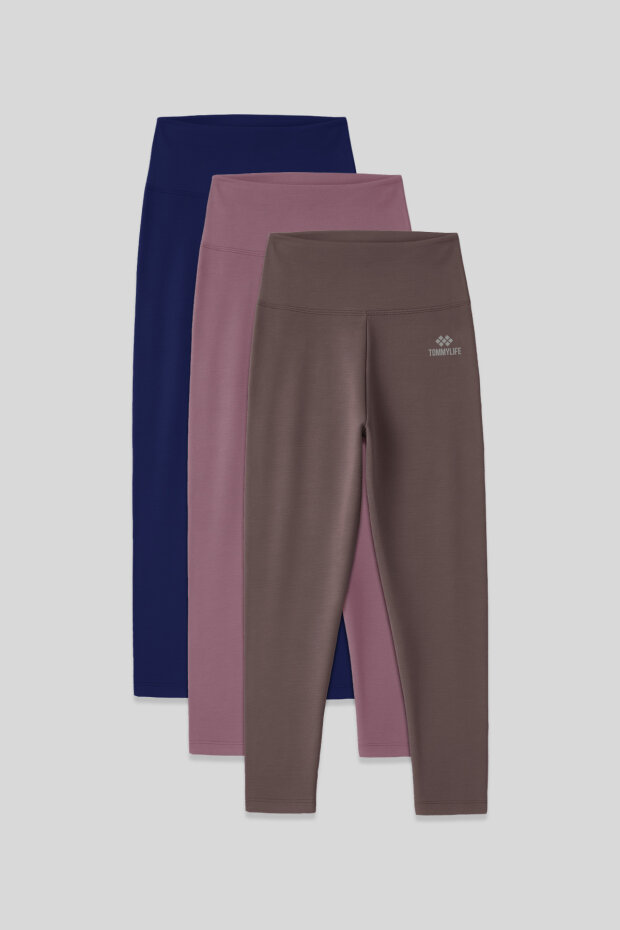 Slim Fit 3'lü Paket İndigo-Gül Kurusu-Kahverengi Kadın Kapri Tayt - 93097 - 1