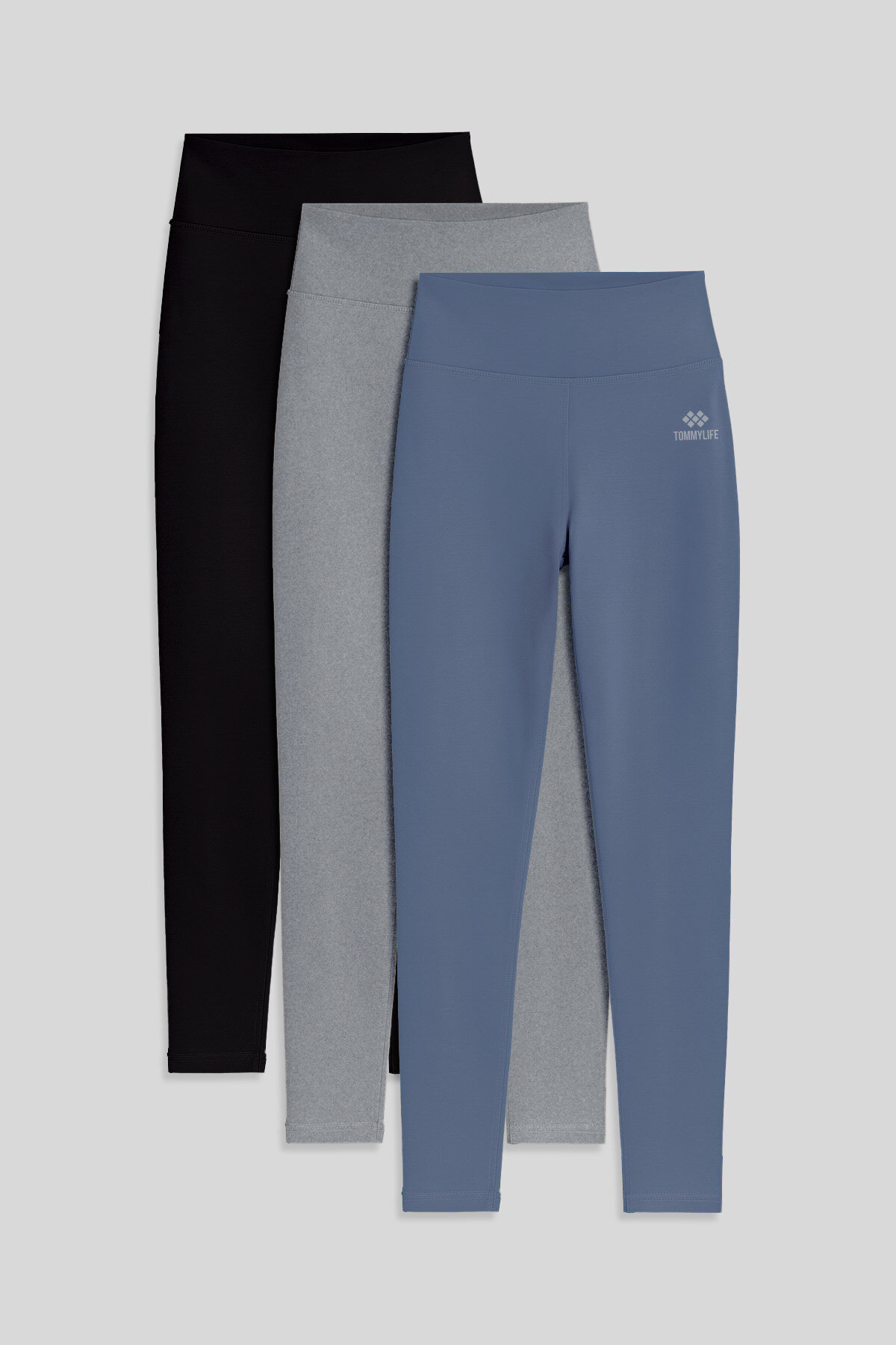 Slim Fit 3'lü Paket Siyah-Gri Melanj-Petrol Kadın Tayt - 94011 - TOMMYLIFE