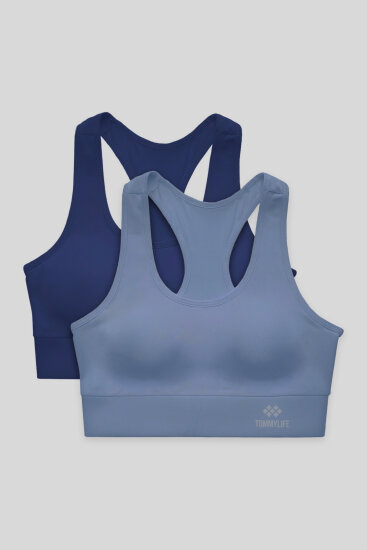Slim Fit U Yaka 2'li Paket İndigo-Petrol Kadın Spor Büstiyer - 97120 