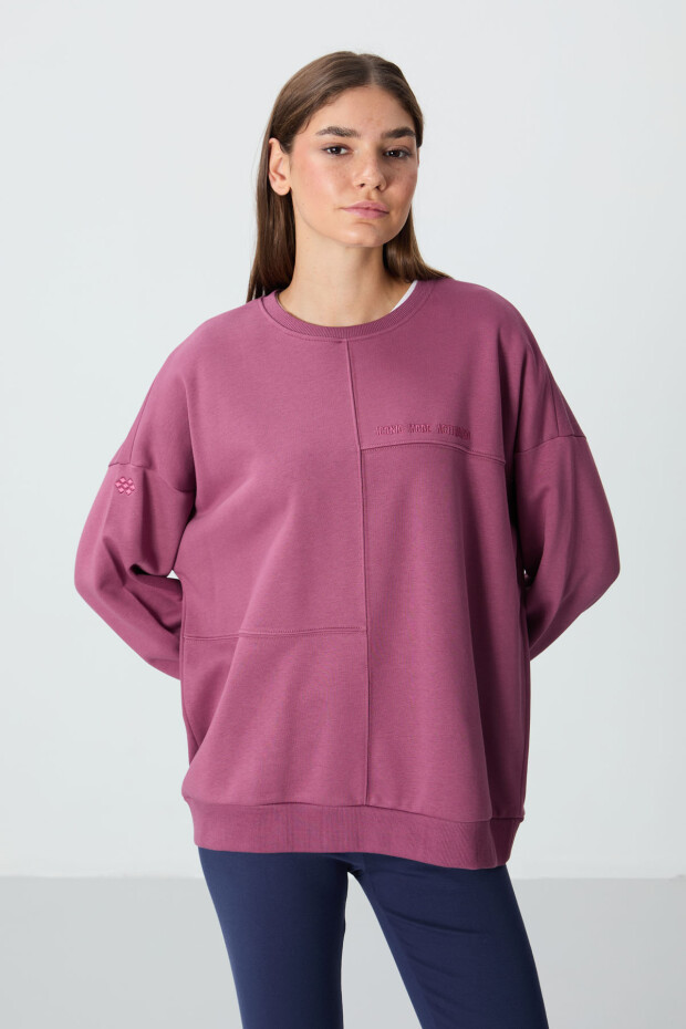 Soft Vişne Kompakt Pamuklu Kalın Pürüzsüz Dokulu O Yaka Oversize Fit Kadın Sweatshirt - 97288