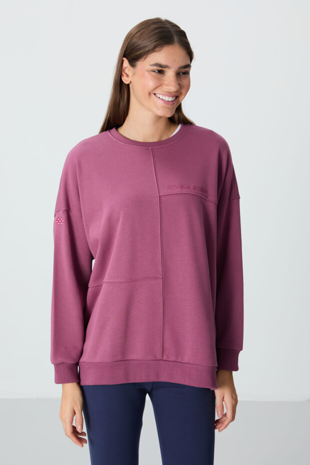 Soft Vişne Kompakt Pamuklu Kalın Pürüzsüz Dokulu O Yaka Oversize Fit Kadın Sweatshirt - 97288 - 6