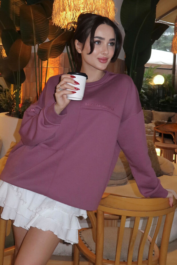 Soft Vişne Kompakt Pamuklu Kalın Pürüzsüz Dokulu O Yaka Oversize Fit Kadın Sweatshirt - 97288 - 3