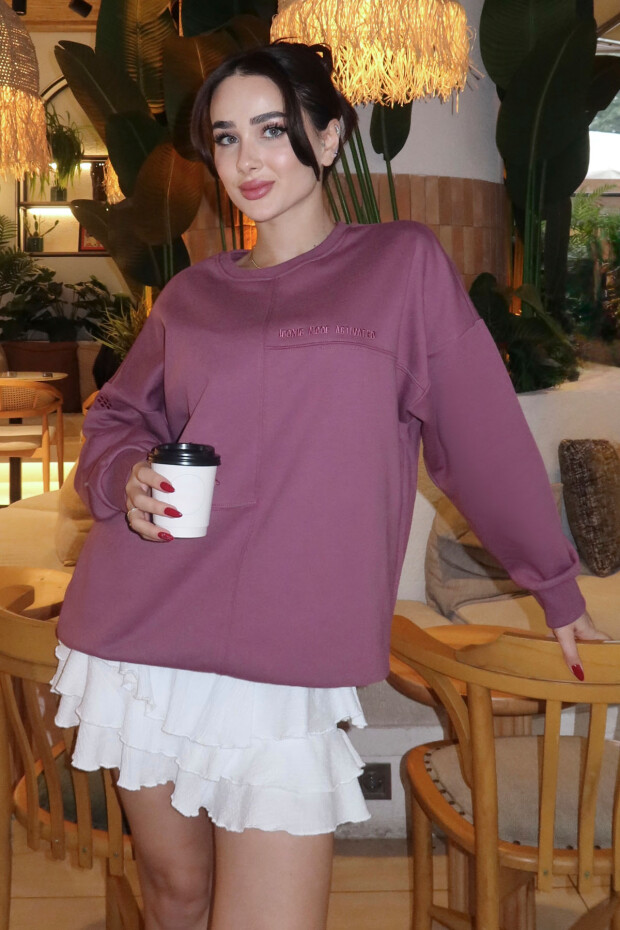 Soft Vişne Kompakt Pamuklu Kalın Pürüzsüz Dokulu O Yaka Oversize Fit Kadın Sweatshirt - 97288 - 5