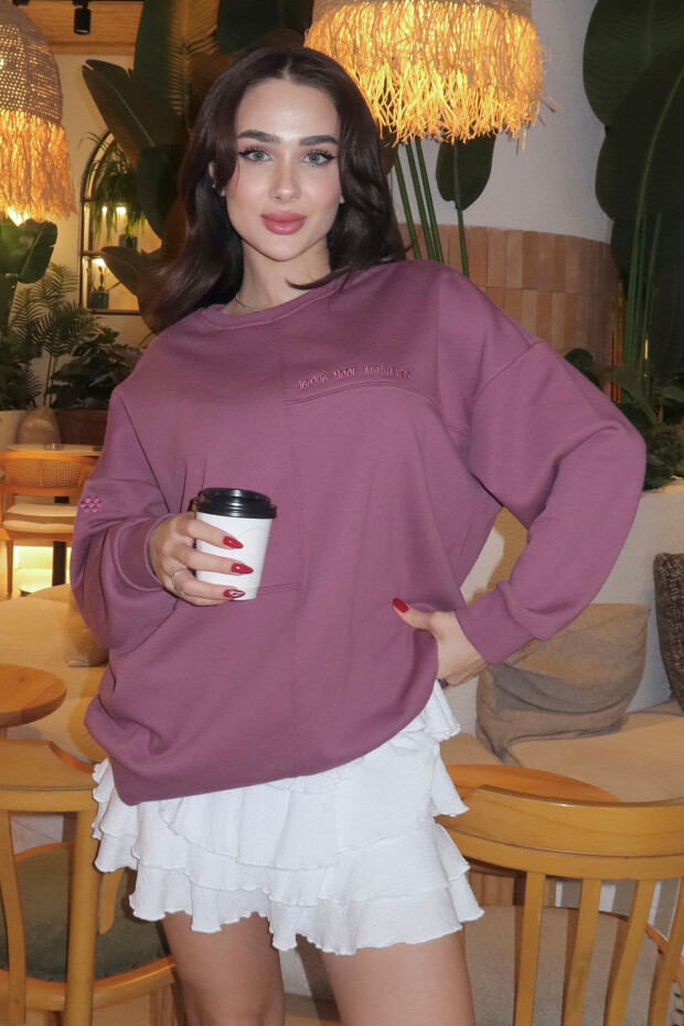 Soft Vişne Kompakt Pamuklu Kalın Pürüzsüz Dokulu O Yaka Oversize Fit Kadın Sweatshirt - 97288 - 1