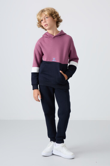 Soft Vişne-Lacivert Pamuklu Kalın İçi Tüylü Standart Fit Nakışlı Erkek Çocuk Eşofman Takım - 11255 - TOMMYLIFE