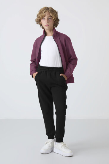 Soft Vişne-Siyah Pamuklu Kalın İçi Tüylü Standart Fit Nakışlı Erkek Çocuk Eşofman Takım - 11256 - TOMMYLIFE