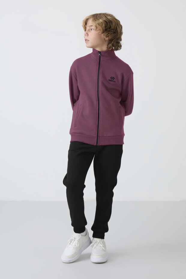 Soft Vişne-Siyah Pamuklu Kalın İçi Tüylü Standart Fit Nakışlı Erkek Çocuk Eşofman Takım - 11256 - 4