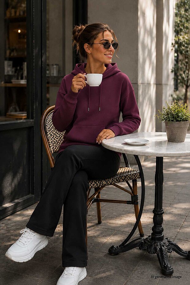 Soft Vişne Standart Kapüşonlu Kanguru Cepli Basic Kadın Sweatshirt - 97321 - 3