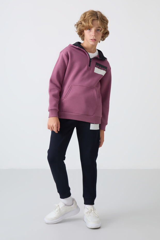 Soft Vişne-Lacivert Pamuklu Kalın İçi Tüylü Standart Fit Baskılı Erkek Çocuk Eşofman Takım - 11246 - 3