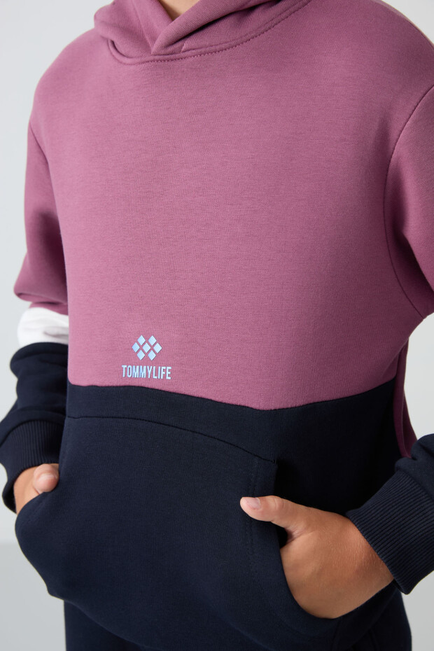 Soft Vişne-Lacivert Pamuklu Kalın İçi Tüylü Standart Fit Nakışlı Erkek Çocuk Eşofman Takım - 11255 - 4