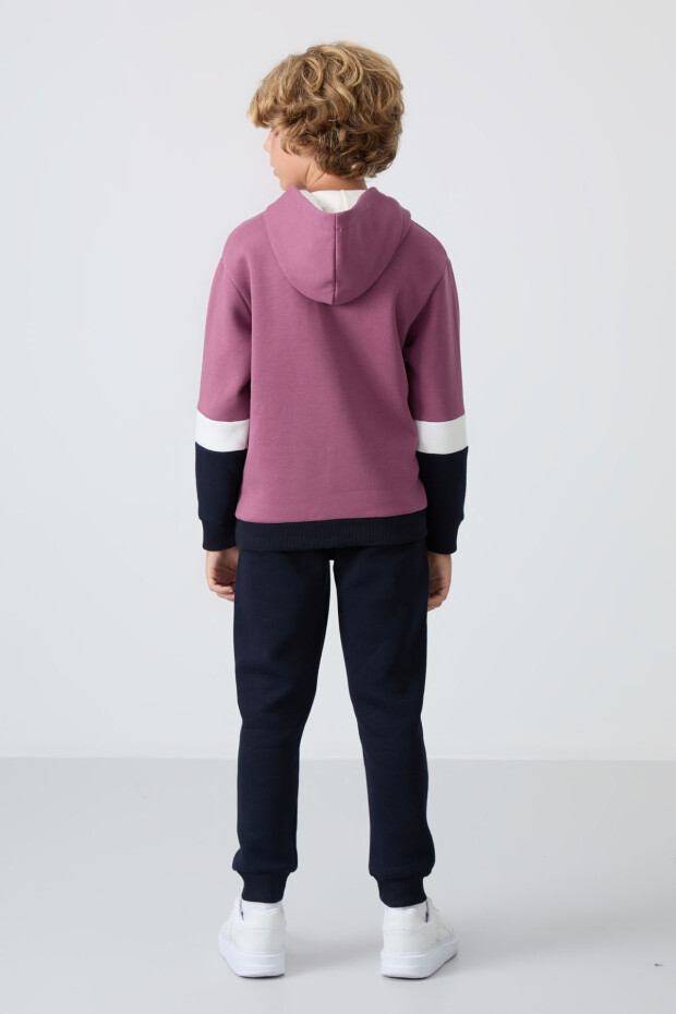 Soft Vişne-Lacivert Pamuklu Kalın İçi Tüylü Standart Fit Nakışlı Erkek Çocuk Eşofman Takım - 11255 - 8