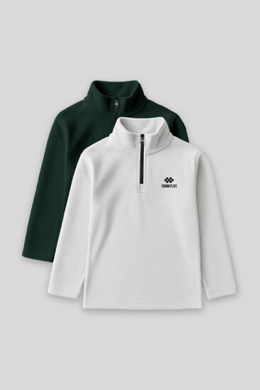 Standart Fit 2'li Paket Çam Yeşili-Taş Erkek Çocuk Polar Sweatshirt - 11221 