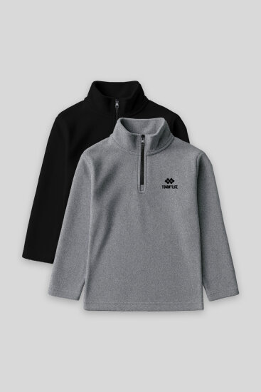 Standart Fit 2'li Paket Siyah-Gri Melanj Erkek Çocuk Polar Sweatshirt - 11221 